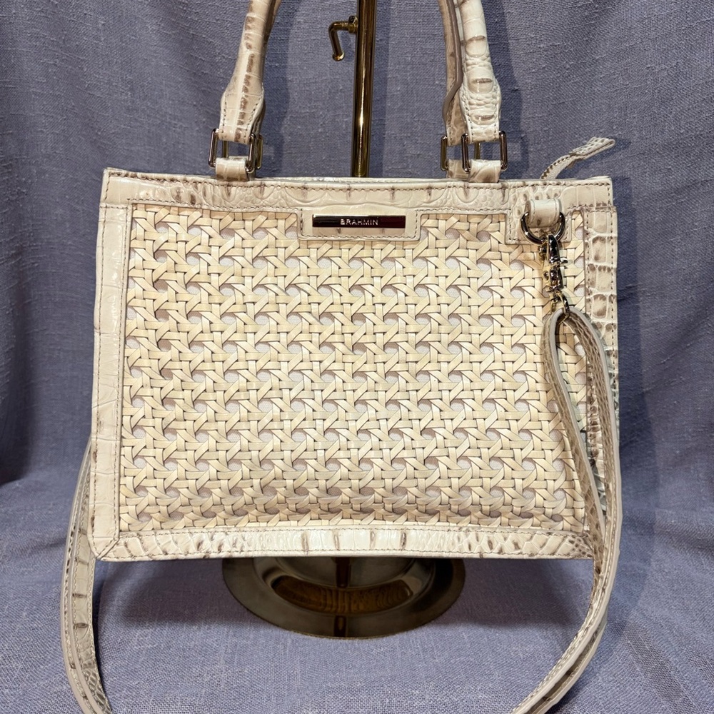 Brahmin Ivory Woven Leather Satchel with Croc Trim